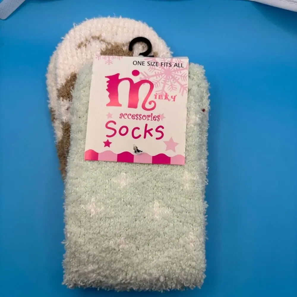 Panda Bear‎ Face Fuzzy Crew Socks White Black Warm Cozy Fluffy